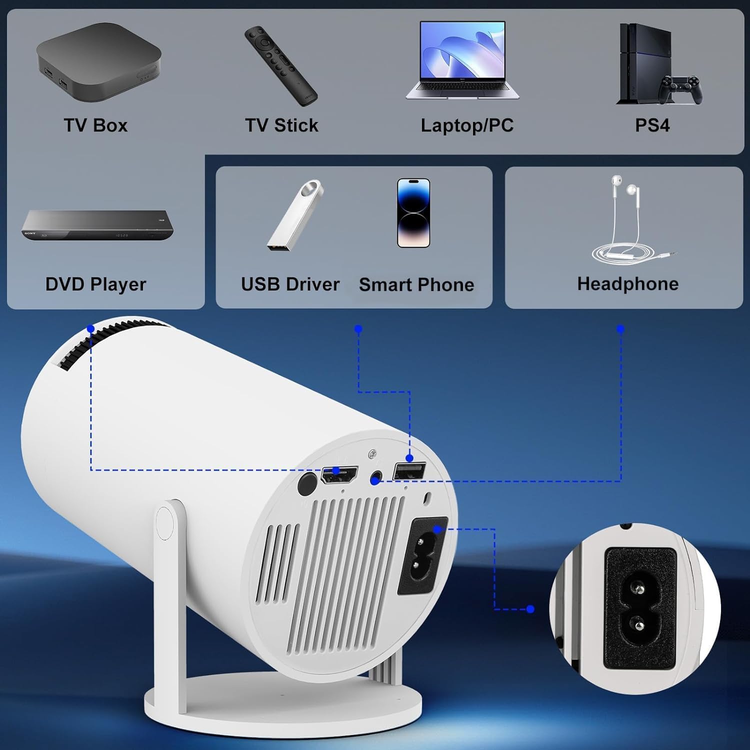 i-Top Portable Mini Projector, 4K 1080P Full HD, WiFi 5G Bluetooth 5.0, 180° Rotatable, Android 11, Compatible with TV Stick/Windows/iOS/Android, White, Preinstall Application Netflix, YouTube.